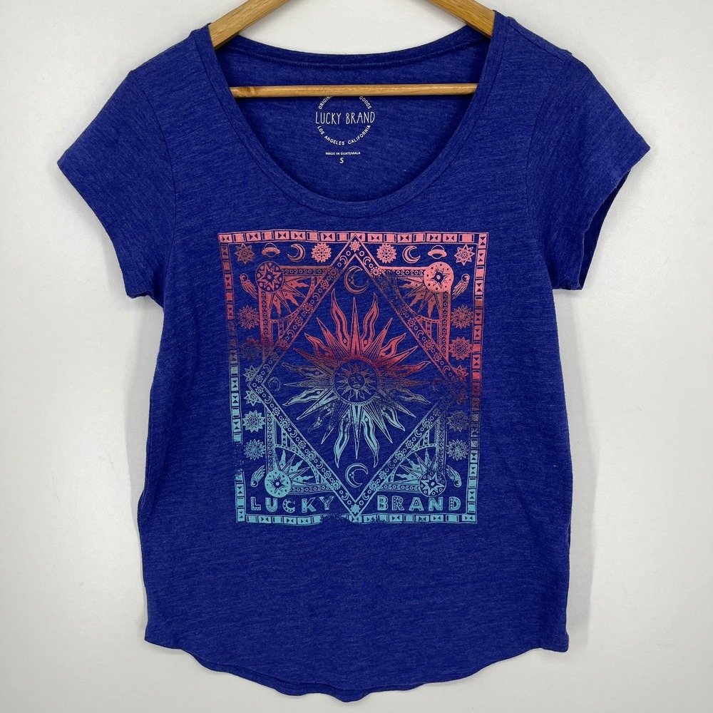 Lucky Brand Womens Small Blue Celestial Sun Moon Graphic Tee Scoop Neck